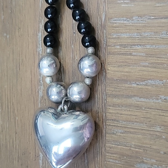 Silver Heart Pendant Necklace with black glass and metal beads within necklace - Picture 4 of 5